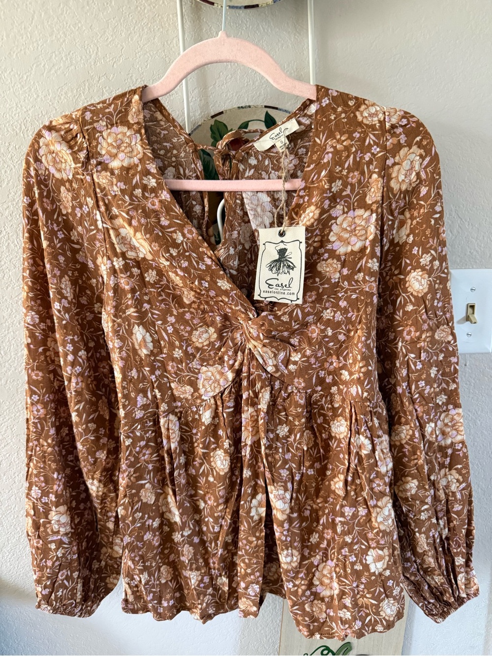 Easel Brown Floral Tie-Front Peasant Blouse